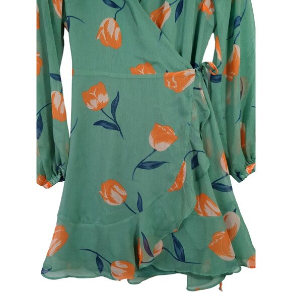 All In Favor Wrap Mini Dress Womens S Green Floral Long Sleeve Feminine Flirty - Picture 5 of 14